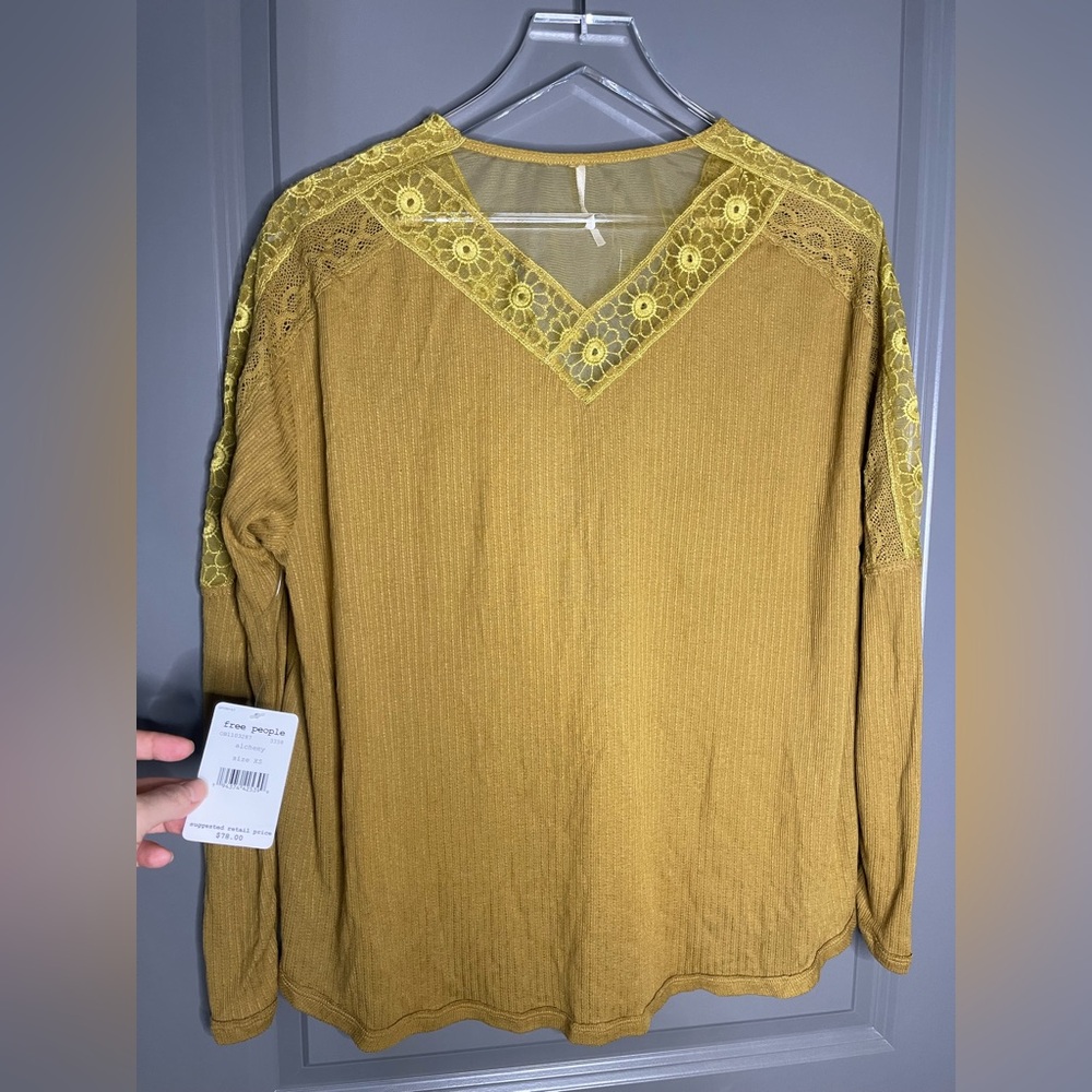Free People Golden Lace Sleeve Top oversized XS